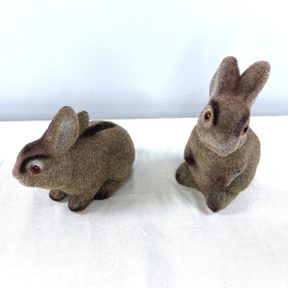 Vintage Flocked Brown Bunny Rabbit‎ Figurine Set 2 Piece Easter Woodland Decor